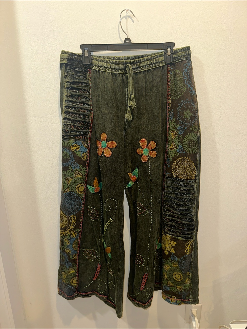 Bohemian Olive Green Wide-Leg Embroidered Pants
